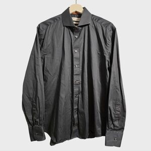 Levinas Dress Shirt Men's Large Charcoal Long Sleeve Contrast Cuff Tailored Fit